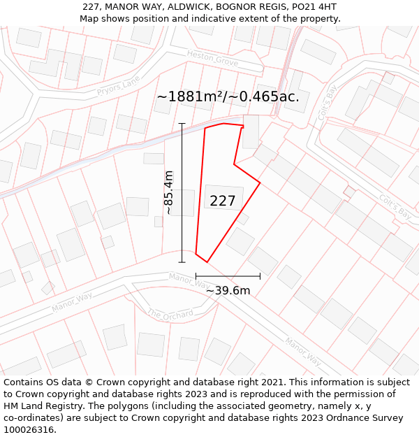 227, MANOR WAY, ALDWICK, BOGNOR REGIS, PO21 4HT: Plot and title map