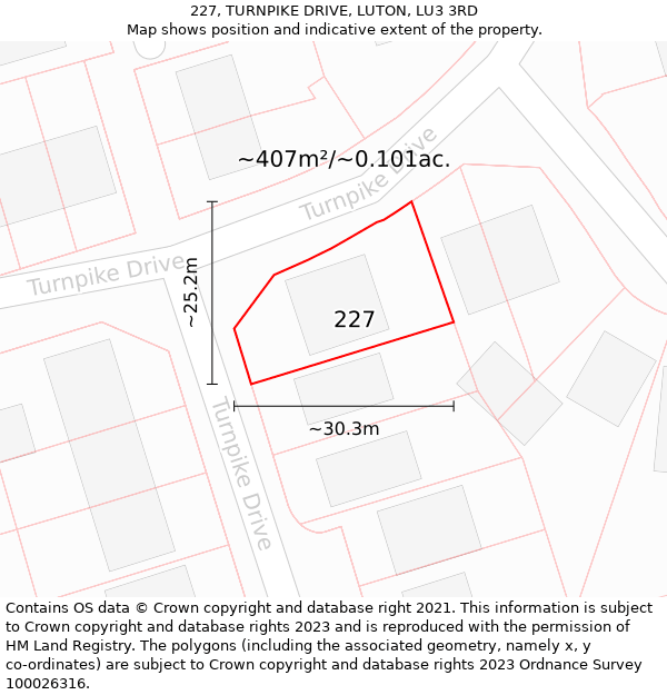 227, TURNPIKE DRIVE, LUTON, LU3 3RD: Plot and title map