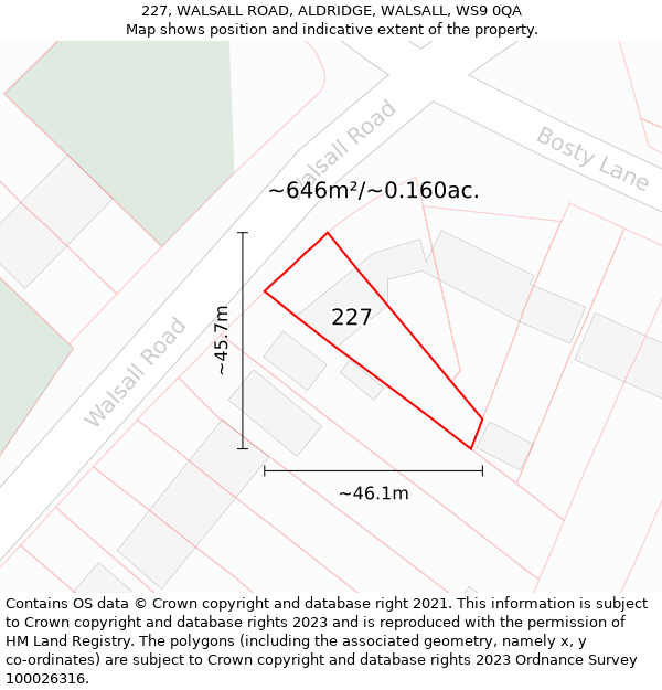 227, WALSALL ROAD, ALDRIDGE, WALSALL, WS9 0QA: Plot and title map