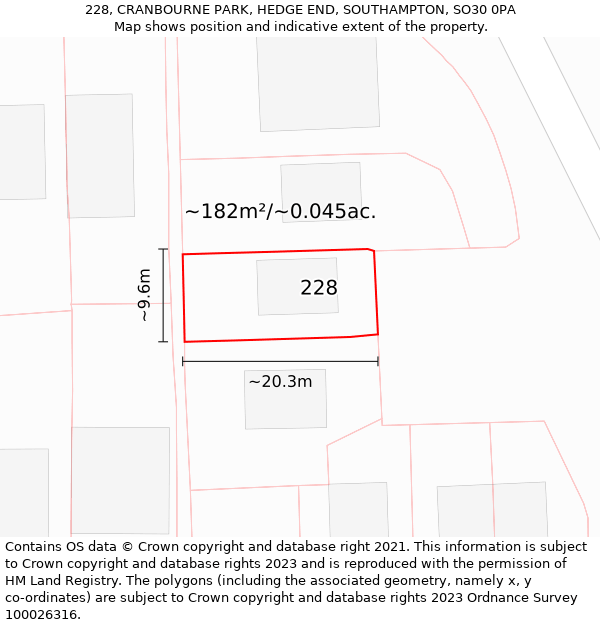 228, CRANBOURNE PARK, HEDGE END, SOUTHAMPTON, SO30 0PA: Plot and title map