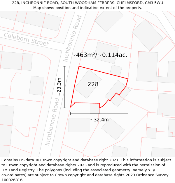 228, INCHBONNIE ROAD, SOUTH WOODHAM FERRERS, CHELMSFORD, CM3 5WU: Plot and title map