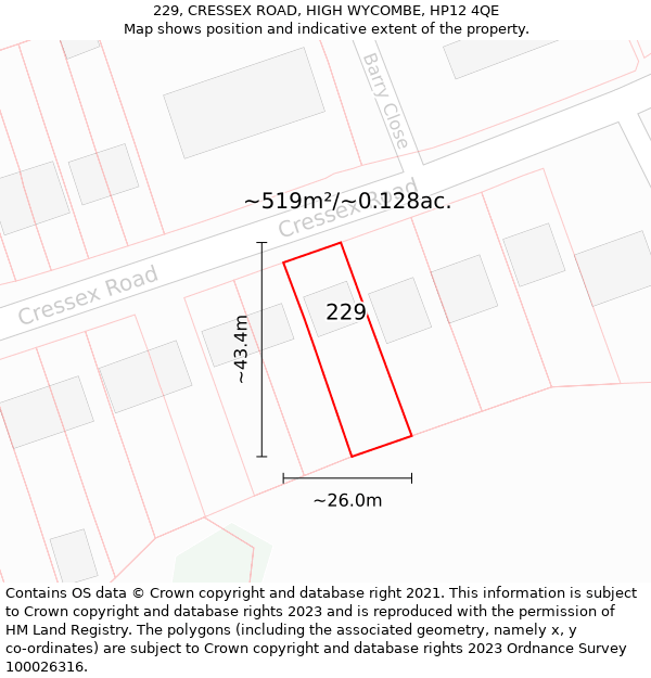 229, CRESSEX ROAD, HIGH WYCOMBE, HP12 4QE: Plot and title map