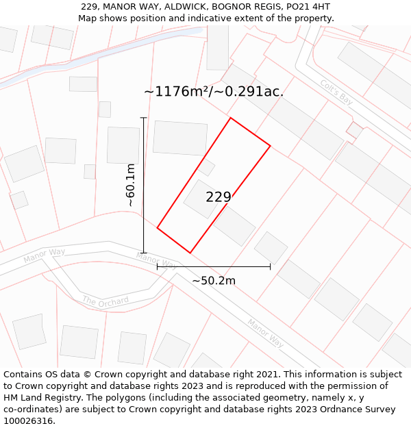 229, MANOR WAY, ALDWICK, BOGNOR REGIS, PO21 4HT: Plot and title map