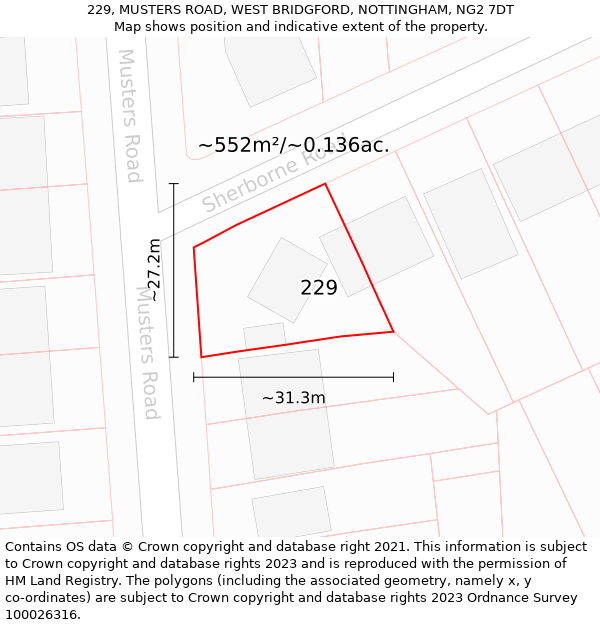 229, MUSTERS ROAD, WEST BRIDGFORD, NOTTINGHAM, NG2 7DT: Plot and title map