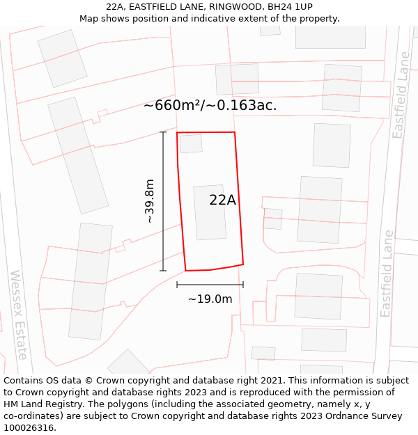 22A, EASTFIELD LANE, RINGWOOD, BH24 1UP: Plot and title map