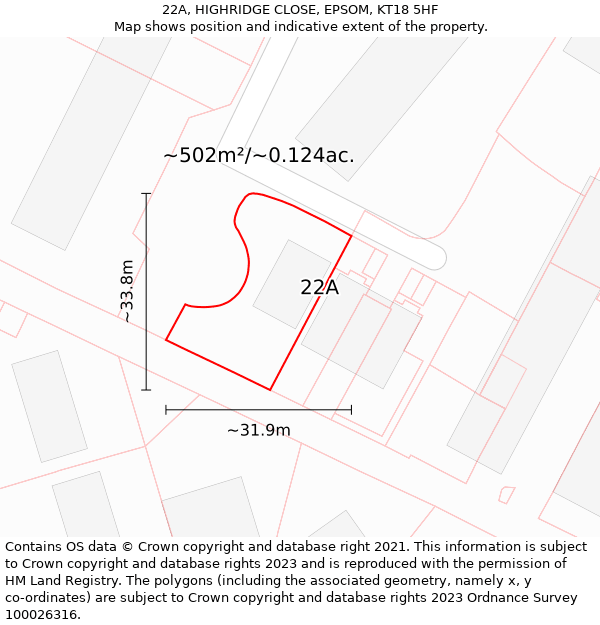 22A, HIGHRIDGE CLOSE, EPSOM, KT18 5HF: Plot and title map