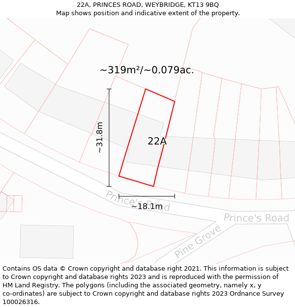 22A, PRINCES ROAD, WEYBRIDGE, KT13 9BQ: Plot and title map