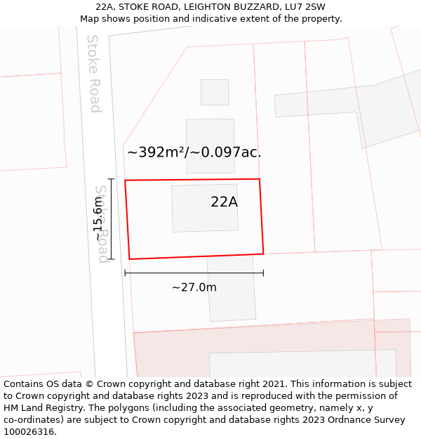 22A, STOKE ROAD, LEIGHTON BUZZARD, LU7 2SW: Plot and title map