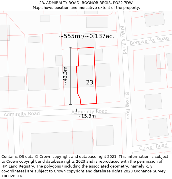 23, ADMIRALTY ROAD, BOGNOR REGIS, PO22 7DW: Plot and title map