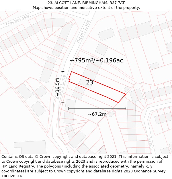 23, ALCOTT LANE, BIRMINGHAM, B37 7AT: Plot and title map