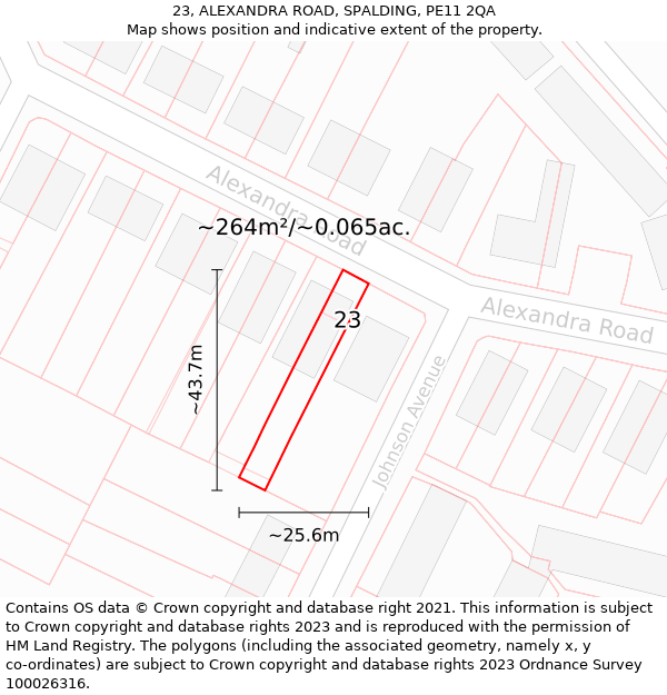 23, ALEXANDRA ROAD, SPALDING, PE11 2QA: Plot and title map