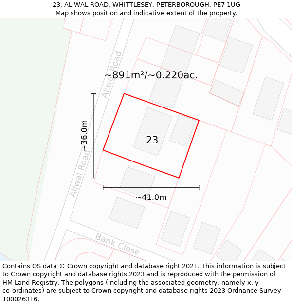 23, ALIWAL ROAD, WHITTLESEY, PETERBOROUGH, PE7 1UG: Plot and title map