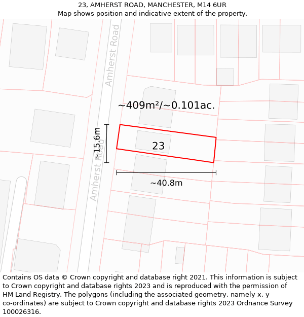 23, AMHERST ROAD, MANCHESTER, M14 6UR: Plot and title map