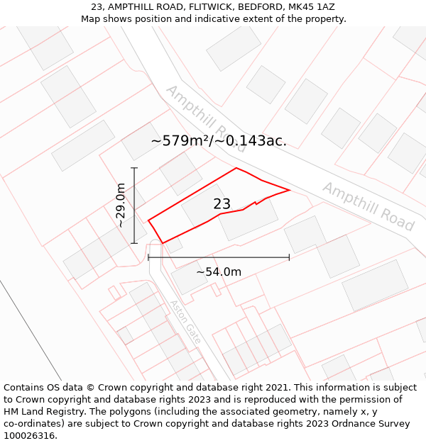 23, AMPTHILL ROAD, FLITWICK, BEDFORD, MK45 1AZ: Plot and title map