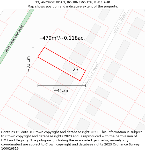 23, ANCHOR ROAD, BOURNEMOUTH, BH11 9HP: Plot and title map