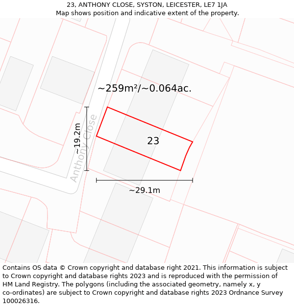 23, ANTHONY CLOSE, SYSTON, LEICESTER, LE7 1JA: Plot and title map