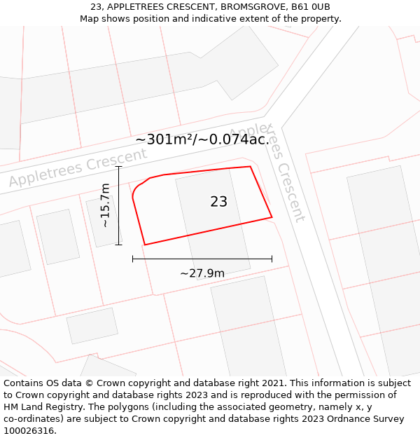 23, APPLETREES CRESCENT, BROMSGROVE, B61 0UB: Plot and title map