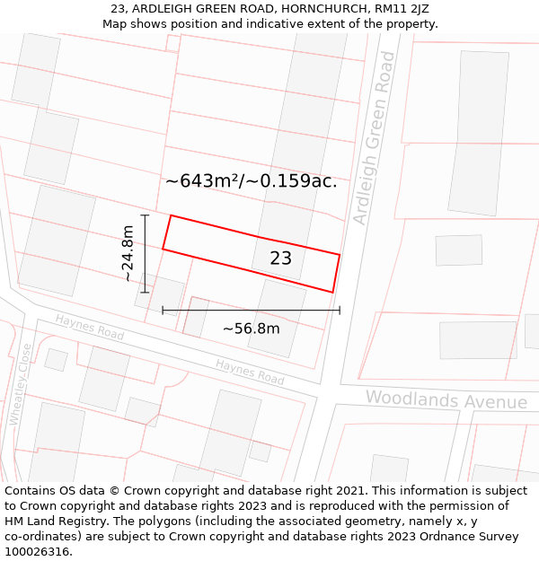 23, ARDLEIGH GREEN ROAD, HORNCHURCH, RM11 2JZ: Plot and title map