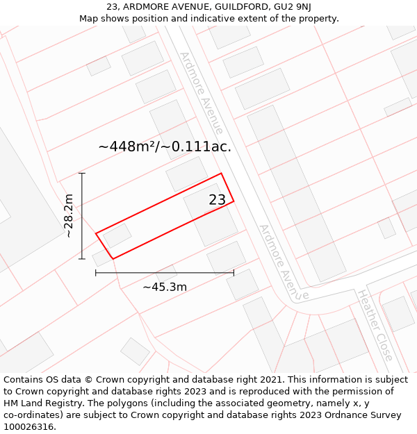 23, ARDMORE AVENUE, GUILDFORD, GU2 9NJ: Plot and title map