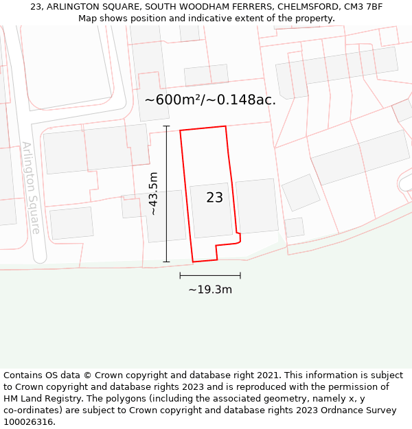 23, ARLINGTON SQUARE, SOUTH WOODHAM FERRERS, CHELMSFORD, CM3 7BF: Plot and title map