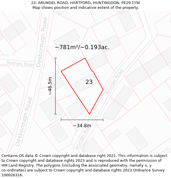 23, ARUNDEL ROAD, HARTFORD, HUNTINGDON, PE29 1YW: Plot and title map