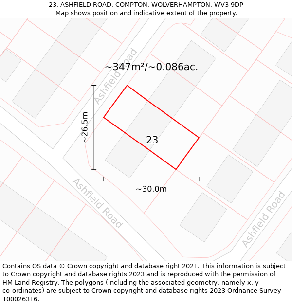 23, ASHFIELD ROAD, COMPTON, WOLVERHAMPTON, WV3 9DP: Plot and title map