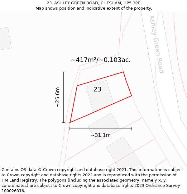 23, ASHLEY GREEN ROAD, CHESHAM, HP5 3PE: Plot and title map