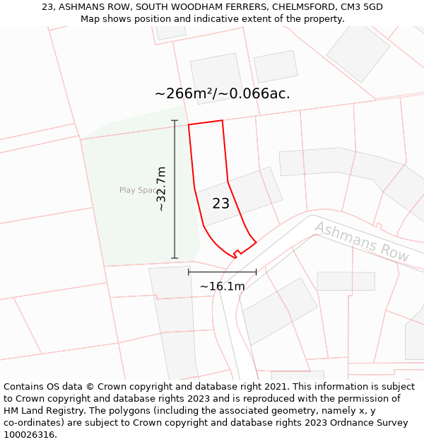 23, ASHMANS ROW, SOUTH WOODHAM FERRERS, CHELMSFORD, CM3 5GD: Plot and title map