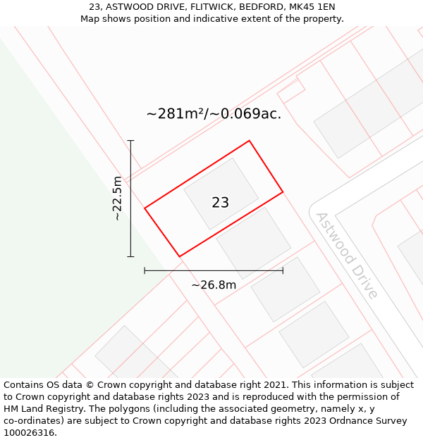 23, ASTWOOD DRIVE, FLITWICK, BEDFORD, MK45 1EN: Plot and title map