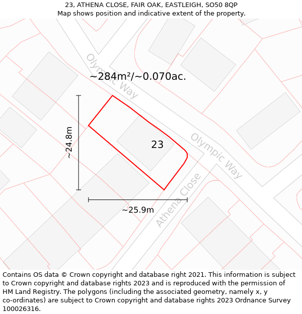 23, ATHENA CLOSE, FAIR OAK, EASTLEIGH, SO50 8QP: Plot and title map