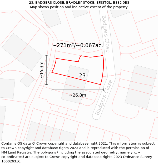 23, BADGERS CLOSE, BRADLEY STOKE, BRISTOL, BS32 0BS: Plot and title map