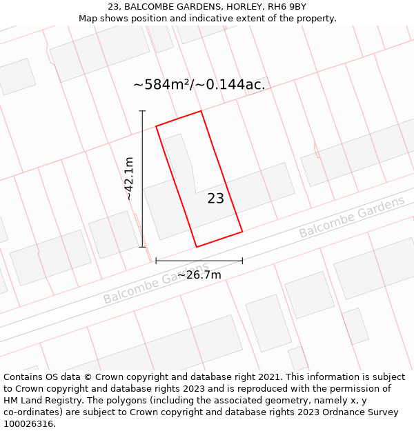 23, BALCOMBE GARDENS, HORLEY, RH6 9BY: Plot and title map
