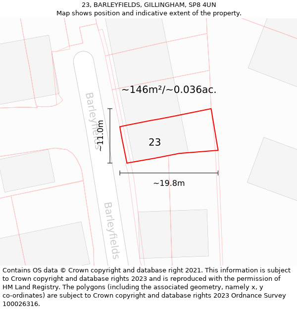 23, BARLEYFIELDS, GILLINGHAM, SP8 4UN: Plot and title map