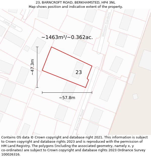 23, BARNCROFT ROAD, BERKHAMSTED, HP4 3NL: Plot and title map