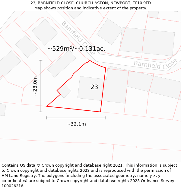 23, BARNFIELD CLOSE, CHURCH ASTON, NEWPORT, TF10 9FD: Plot and title map