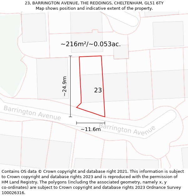 23, BARRINGTON AVENUE, THE REDDINGS, CHELTENHAM, GL51 6TY: Plot and title map