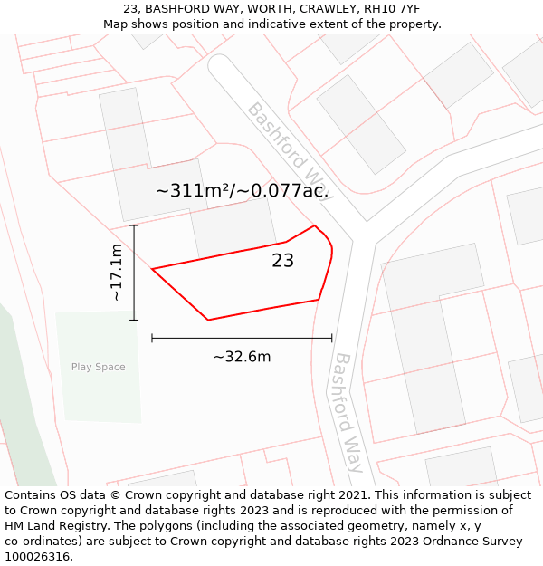 23, BASHFORD WAY, WORTH, CRAWLEY, RH10 7YF: Plot and title map