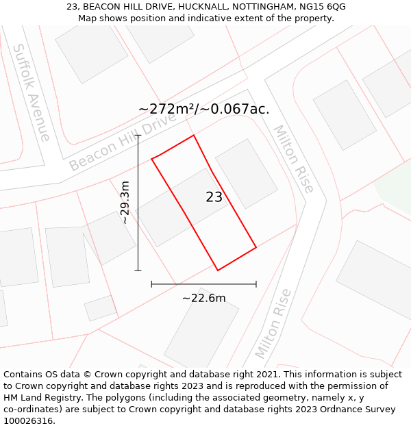 23, BEACON HILL DRIVE, HUCKNALL, NOTTINGHAM, NG15 6QG: Plot and title map