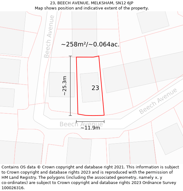 23, BEECH AVENUE, MELKSHAM, SN12 6JP: Plot and title map