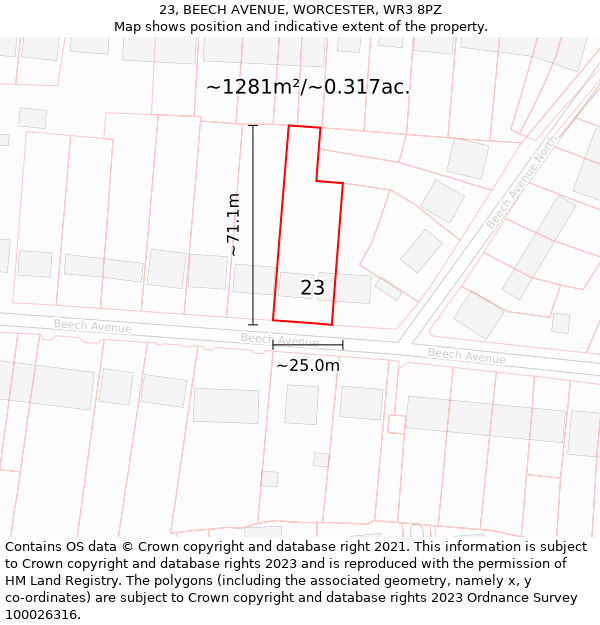 23, BEECH AVENUE, WORCESTER, WR3 8PZ: Plot and title map