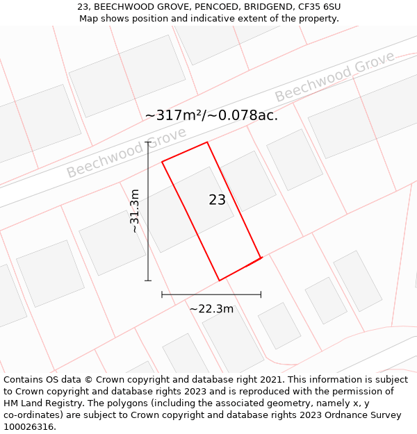 23, BEECHWOOD GROVE, PENCOED, BRIDGEND, CF35 6SU: Plot and title map