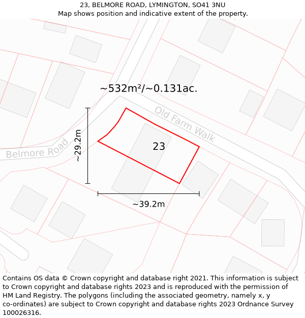 23, BELMORE ROAD, LYMINGTON, SO41 3NU: Plot and title map