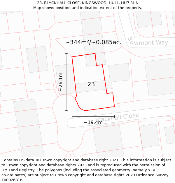 23, BLACKHALL CLOSE, KINGSWOOD, HULL, HU7 3HN: Plot and title map