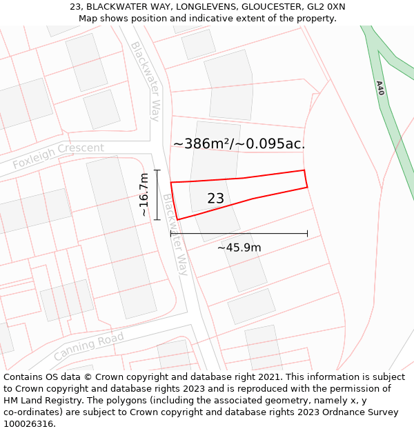 23, BLACKWATER WAY, LONGLEVENS, GLOUCESTER, GL2 0XN: Plot and title map