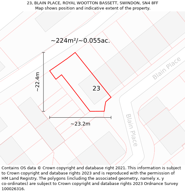 23, BLAIN PLACE, ROYAL WOOTTON BASSETT, SWINDON, SN4 8FF: Plot and title map