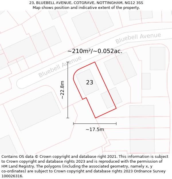 23, BLUEBELL AVENUE, COTGRAVE, NOTTINGHAM, NG12 3SS: Plot and title map