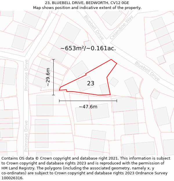 23, BLUEBELL DRIVE, BEDWORTH, CV12 0GE: Plot and title map