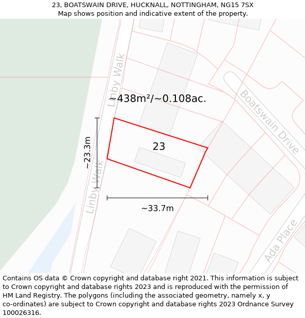 23, BOATSWAIN DRIVE, HUCKNALL, NOTTINGHAM, NG15 7SX: Plot and title map