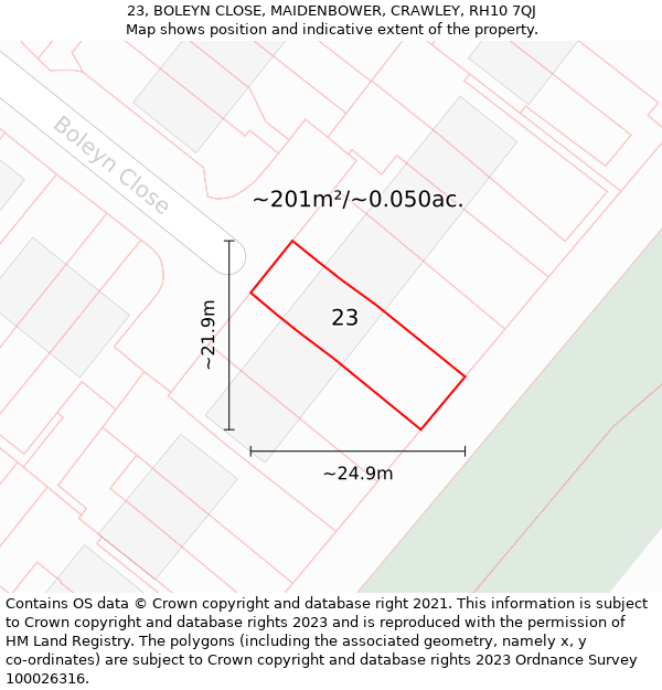 23, BOLEYN CLOSE, MAIDENBOWER, CRAWLEY, RH10 7QJ: Plot and title map