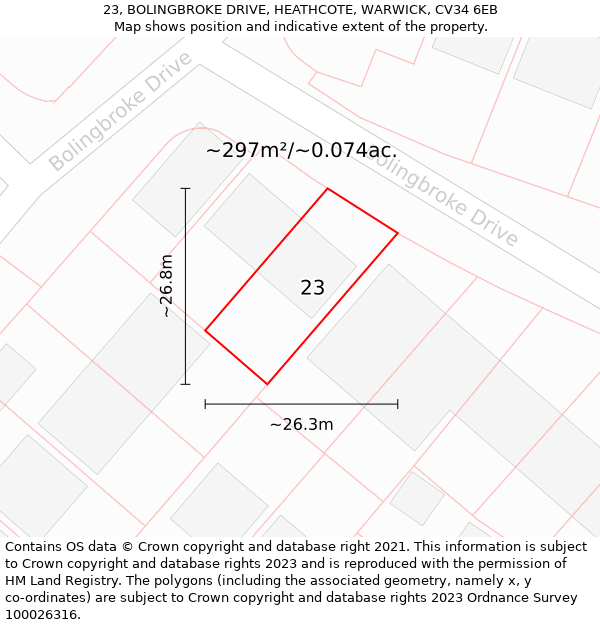 23, BOLINGBROKE DRIVE, HEATHCOTE, WARWICK, CV34 6EB: Plot and title map